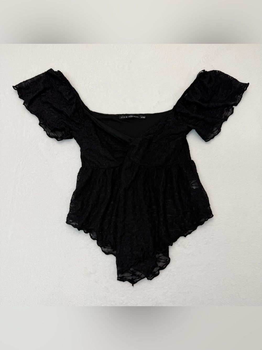 Heart Hips Black Lace Off Shoulder Top Womens XS Twist Front Coquette Y2K Goth